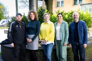 Starke bündnisgrüne Kandidat*innen für die BVV-Wahlen 2026 in Treptow-Köpenick: Sven Dohnalek, Dr. Claudia Leistner, Stefka Ammon, Ulrike Schenka-van Capelleveen und Christian Huber (von links)